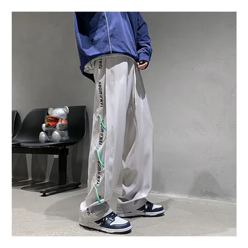 Versiunea Coreeană Drept Tub Vertical Design Nișă Pantaloni De Vara High Street Sport Casual Pantaloni De Mătase Moda Barbati Pantaloni Subtiri Imagine 2