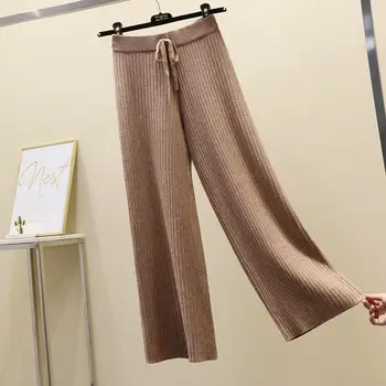 2022 Nou Câmp de Înaltă talie Pantaloni Largi Toamna Și Iarna Moda Tricot Vrac Drept-picior Pantaloni Dantela-up Casual Femei de Îmbrăcăminte