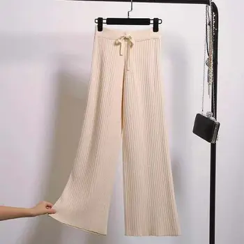 2022 Nou Câmp de Înaltă talie Pantaloni Largi Toamna Și Iarna Moda Tricot Vrac Drept-picior Pantaloni Dantela-up Casual Femei de Îmbrăcăminte Imagine 2