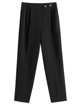 FSLE Femei Talie Mare Drept-picior Pantaloni Costum Negru Trunchiate Pantaloni Talie Butonul de Decor Subțire Profesionale Casual Pant Imagine 2
