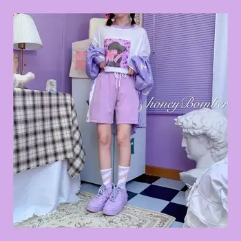Fete Kawaii Bumbac Violet Pantaloni Scurți De Vară Dragoste Inima De Imprimare Mozaic Scurt Harajuku Mare Elastic Talie Pantaloni Scurți Cordon Femei Imagine 2