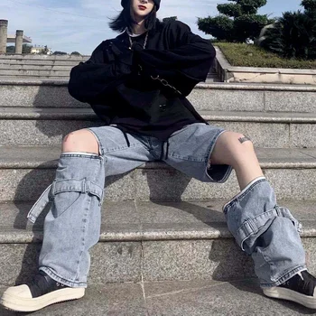 Femei Blugi Retro Conceput Îmbinat cu Fermoar Detașabil Hip-hop de Moda Harajuku Solid High Street Teen Y2K Largi Femme Casual Goth