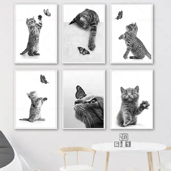 Alb Negru Pisica Drăguț Fluture Haios Animal De Companie Arta Panza Pictura Nordică Postere Si Printuri Poza Perete Pentru Living Decorul Camerei