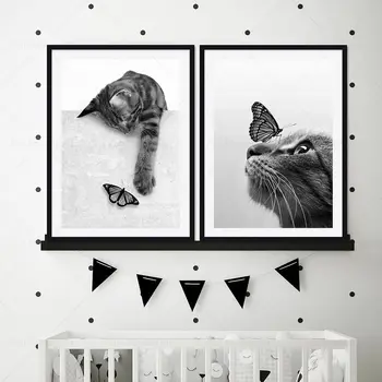 Alb Negru Pisica Drăguț Fluture Haios Animal De Companie Arta Panza Pictura Nordică Postere Si Printuri Poza Perete Pentru Living Decorul Camerei Imagine 2