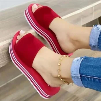 De vară-Un Cuvânt Sandale cu barete Groase Jos Pantofi pentru Femei de Călătorie, Sandale de Plajă în aer liber, Papuci de casă Roșu Roz Alb cu Blană Papuci Imagine 2