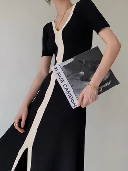 Alb-Negru Casual Vintage Elegant Cu Maneci Scurte Rochie Lunga Stil De Moda Coreeană Subțire Tricotate Rochii Maxi Pentru Femei De Vara 2022
