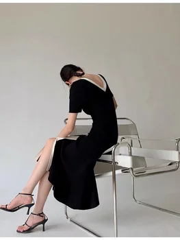 Alb-Negru Casual Vintage Elegant Cu Maneci Scurte Rochie Lunga Stil De Moda Coreeană Subțire Tricotate Rochii Maxi Pentru Femei De Vara 2022 Imagine 2